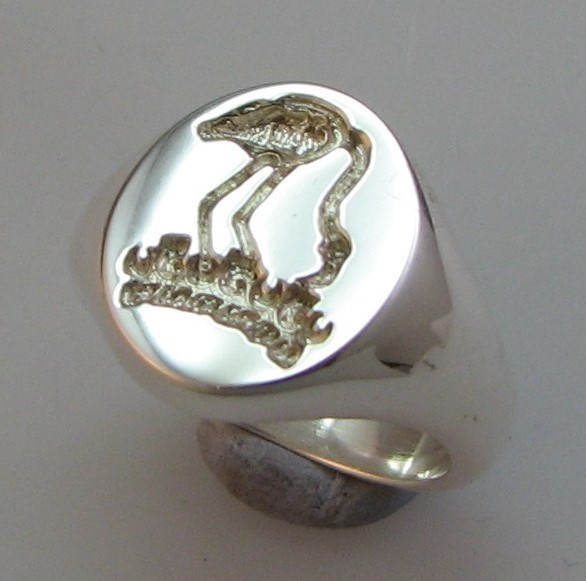 Flamingo above crown crest engraved signet ring