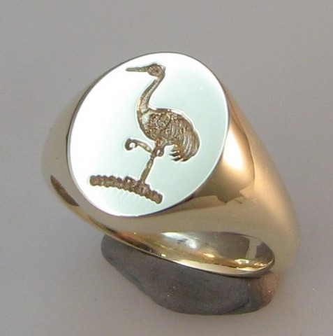Crane bird deep reverse crest engraved signet ring