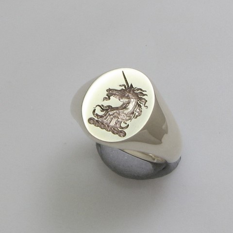Unicorn head  crest engraved signet ring