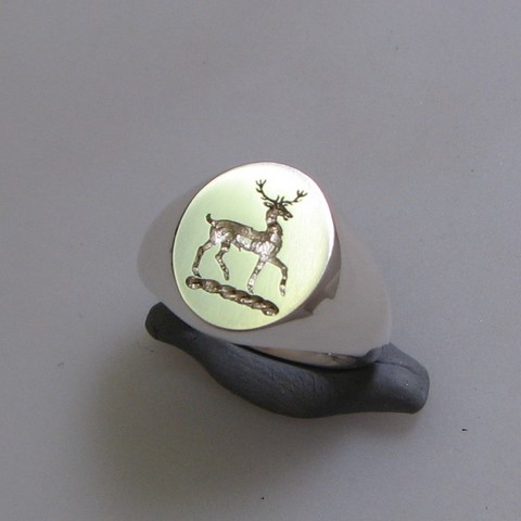 Stag rampant crest engraved signet ring