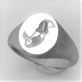 Mermaid crest seal engraved sterling silver 925 signet ring